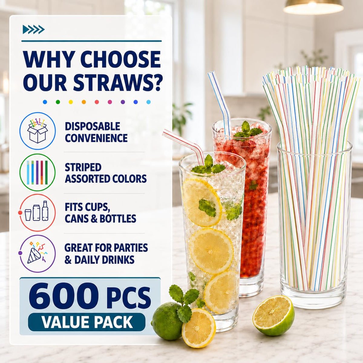 [600 Pack] 8" Flexible Plastic Straws, Bendable Disposable Drinking Straws