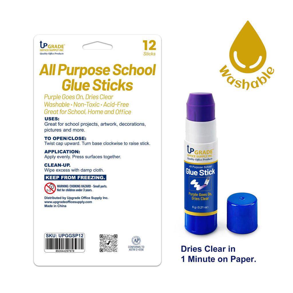 Upgrade Office Supply Glue Sticks, 6g, 12 Count, Purple Goes On Dries Clear