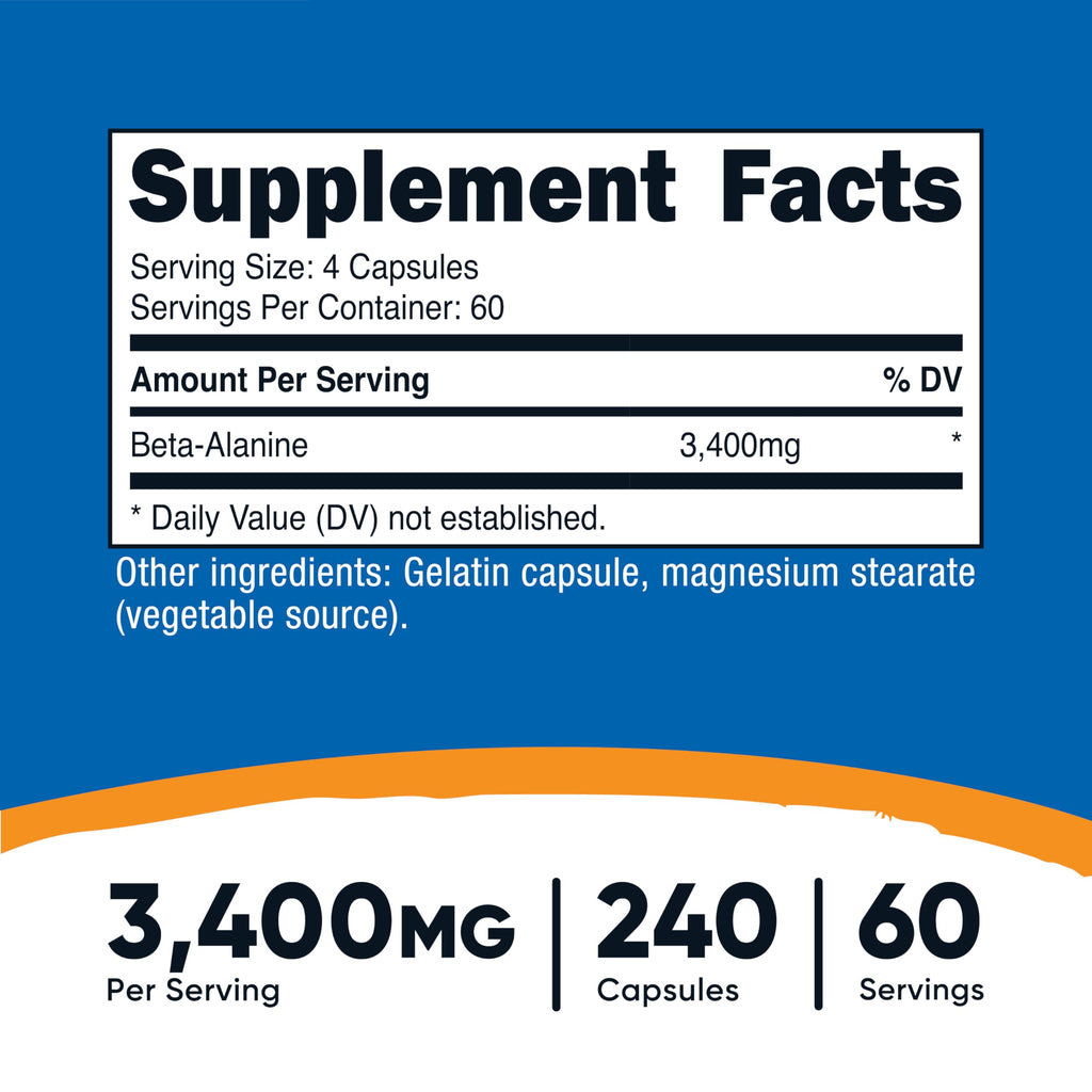 Nutricost Beta-Alanine Capsules 3400mg, 240 Capsules, 60 Servings | Potent Beta Alanine, Gluten Free & GMO-Free, 850mg Per Cap
