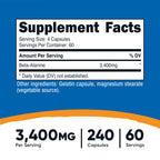 Nutricost Beta-Alanine Capsules 3400mg, 240 Capsules, 60 Servings | Potent Beta Alanine, Gluten Free & GMO-Free, 850mg Per Cap
