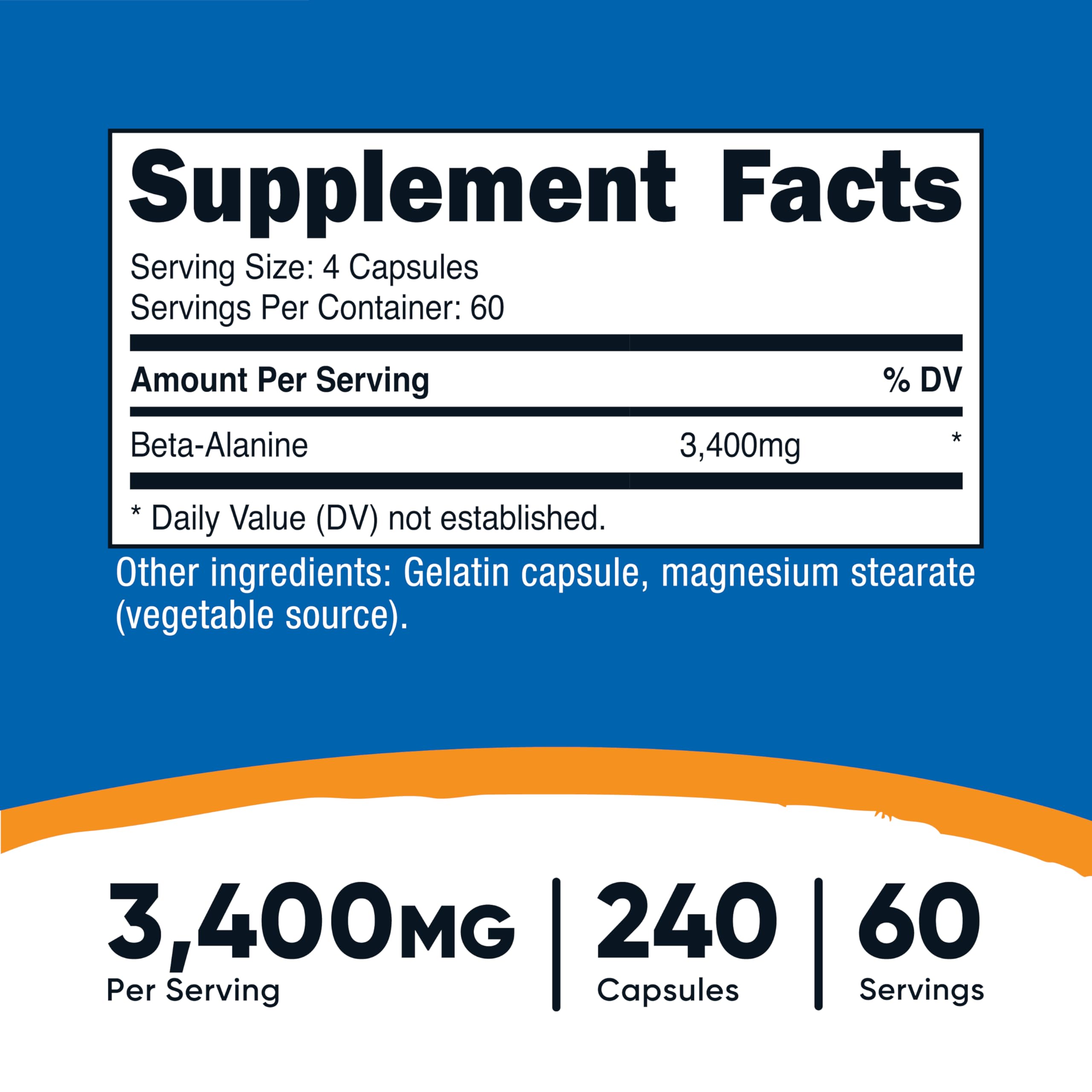Nutricost Beta-Alanine Capsules 3400mg, 240 Capsules, 60 Servings | Potent Beta Alanine, Gluten Free & GMO-Free, 850mg Per Cap