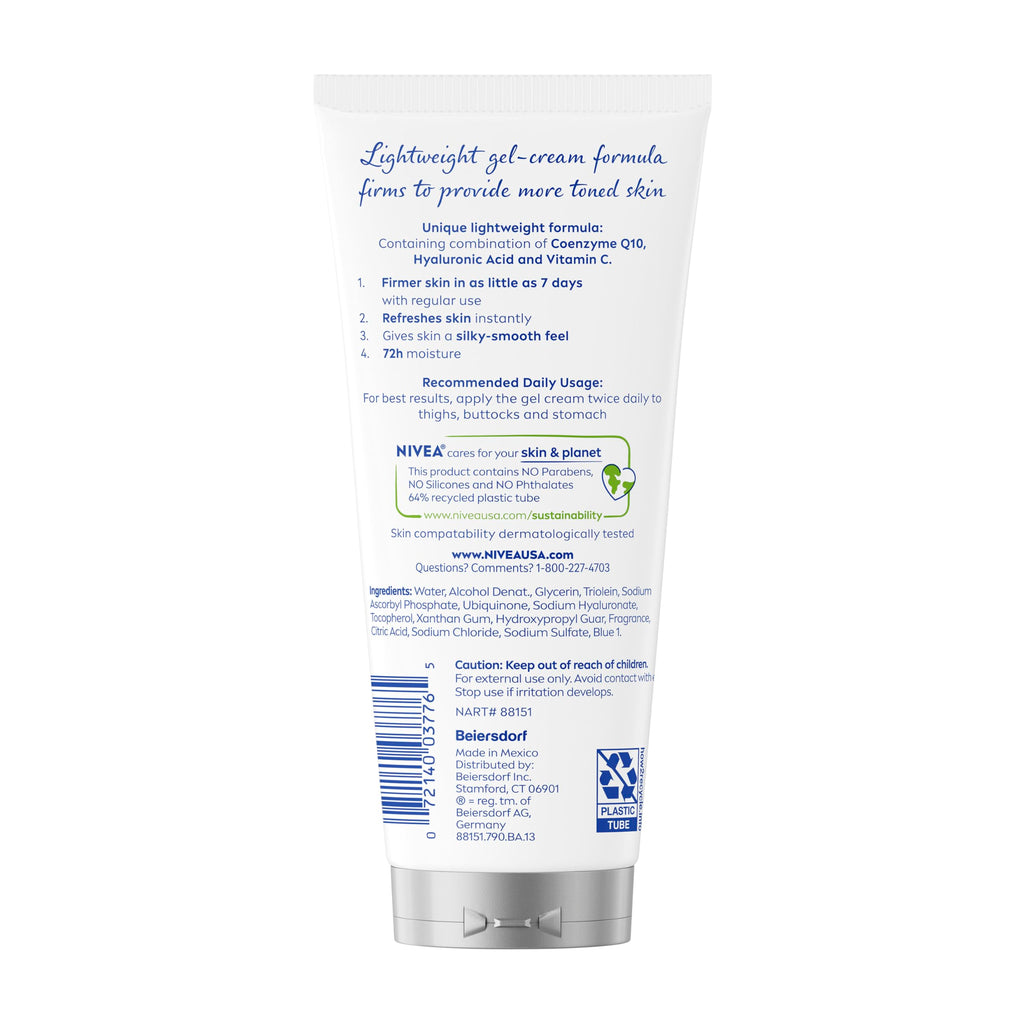 NIVEA Skin Firming & Toning Body Gel Cream with Q10, Hyaluronic Acid and Vitamin C, Clinically Tested Skin Firming & Toning Cream, 72-Hour Moisture, 6.7 Oz Tube