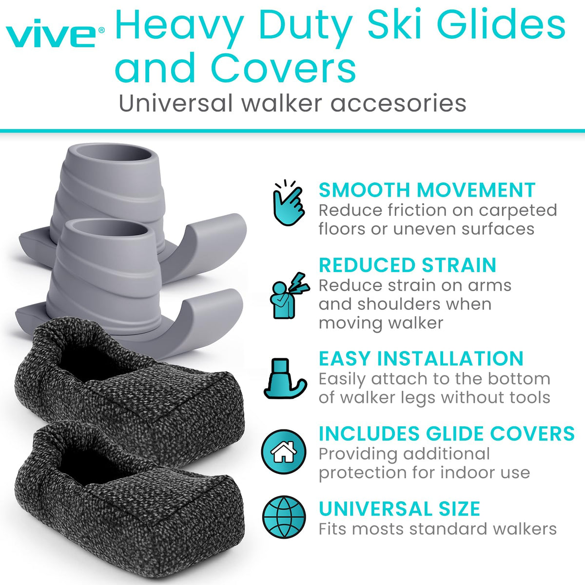 Vive Walker Ski Glides and Covers (4 Pack) - Skid Caps, Senior Accessories