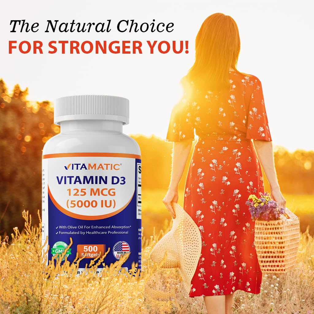 Vitamatic Vitamin D3 5000 IU (125 mcg), 500 Softgels, Made in USA | Olive Oil-Based Formula, Cold Pressed, 500 Day Supply, Support Immune Health*, Non GMO, Gluten Free