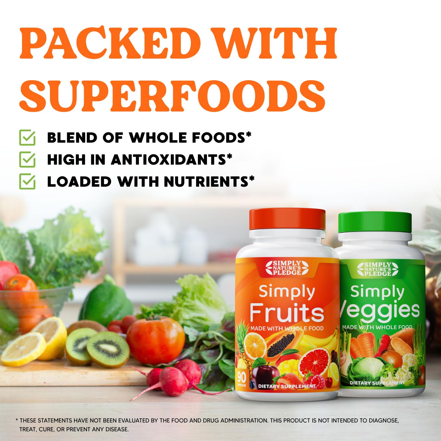 Simply Nature's Pledge Fruits & Vegetables Supplement, 360 Capsules, 4-Pack | Whole Food Superfoods, Fruits & Veggies, Energy, Immune & Digestive Support, Vegan, Gluten free, Soy Free, Third-Party Tested