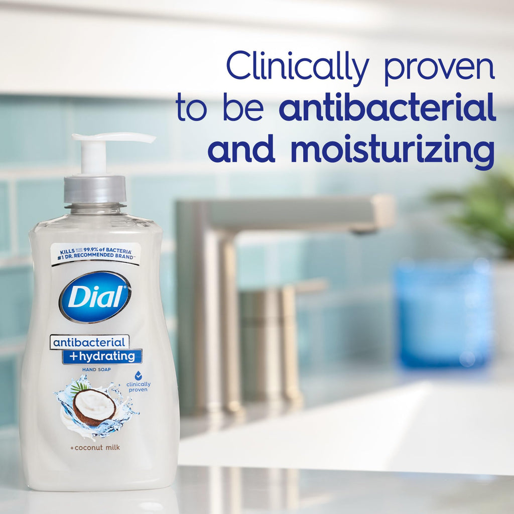 Dial Antibacterial Hydrating Liquid Hand Soap, Coconut Milk, 11oz, 4-Pack | Clinically Proven Moisturizing, Gentle for Frequent Use, No Sulfates, Parabens, Phthalates, #1 Doctor Recommended