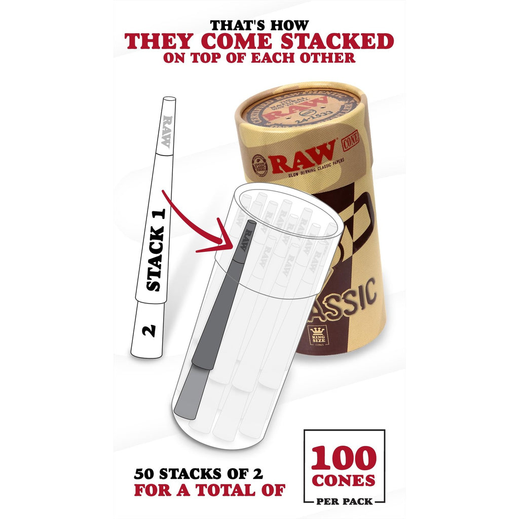 RAW Cones Classic King Size 109mm - 100 Pack - Pre Roll Rolling Paper
