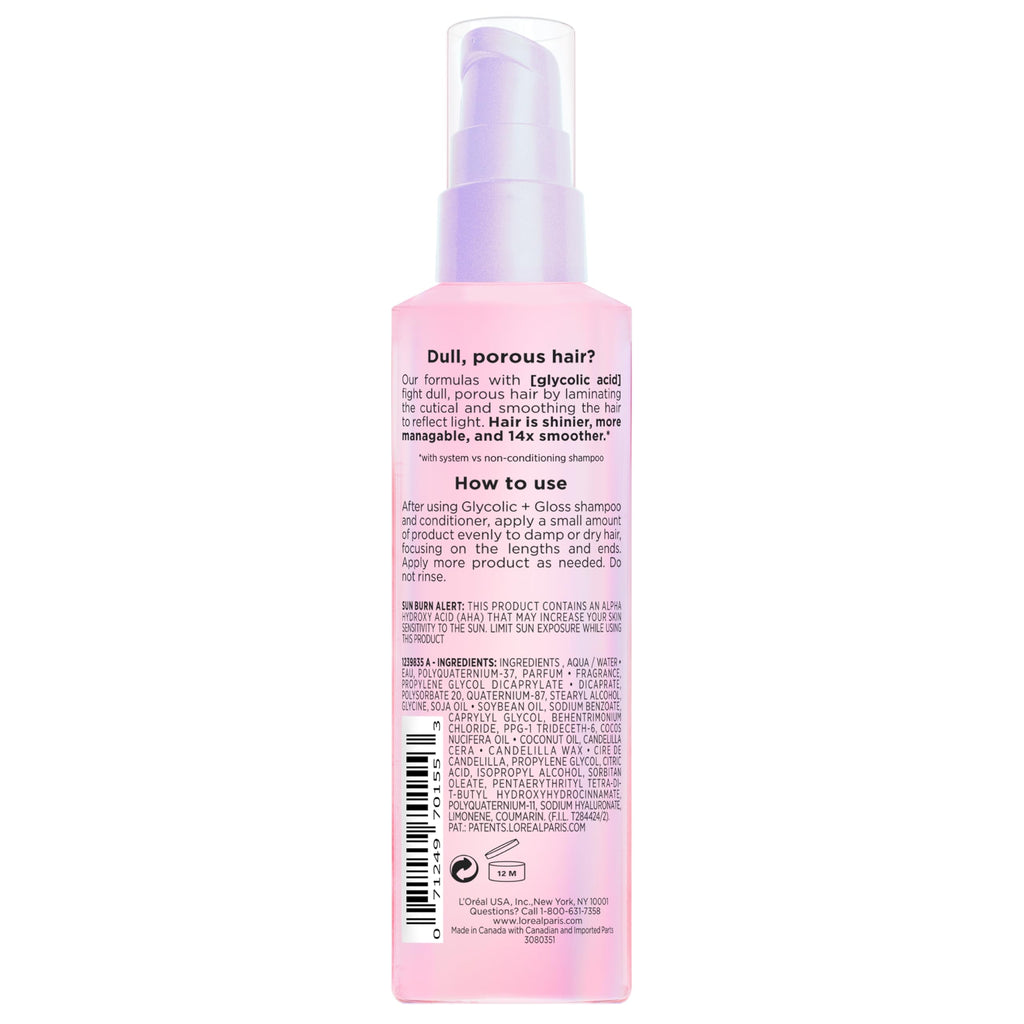 L'Oreal Paris Elvive Glycolic + Gloss High Shine Leave-In Hair Serum, Smooths Dull, Porous Hair Into High-Shine, Glossy Hair, 4.4 Fl Oz