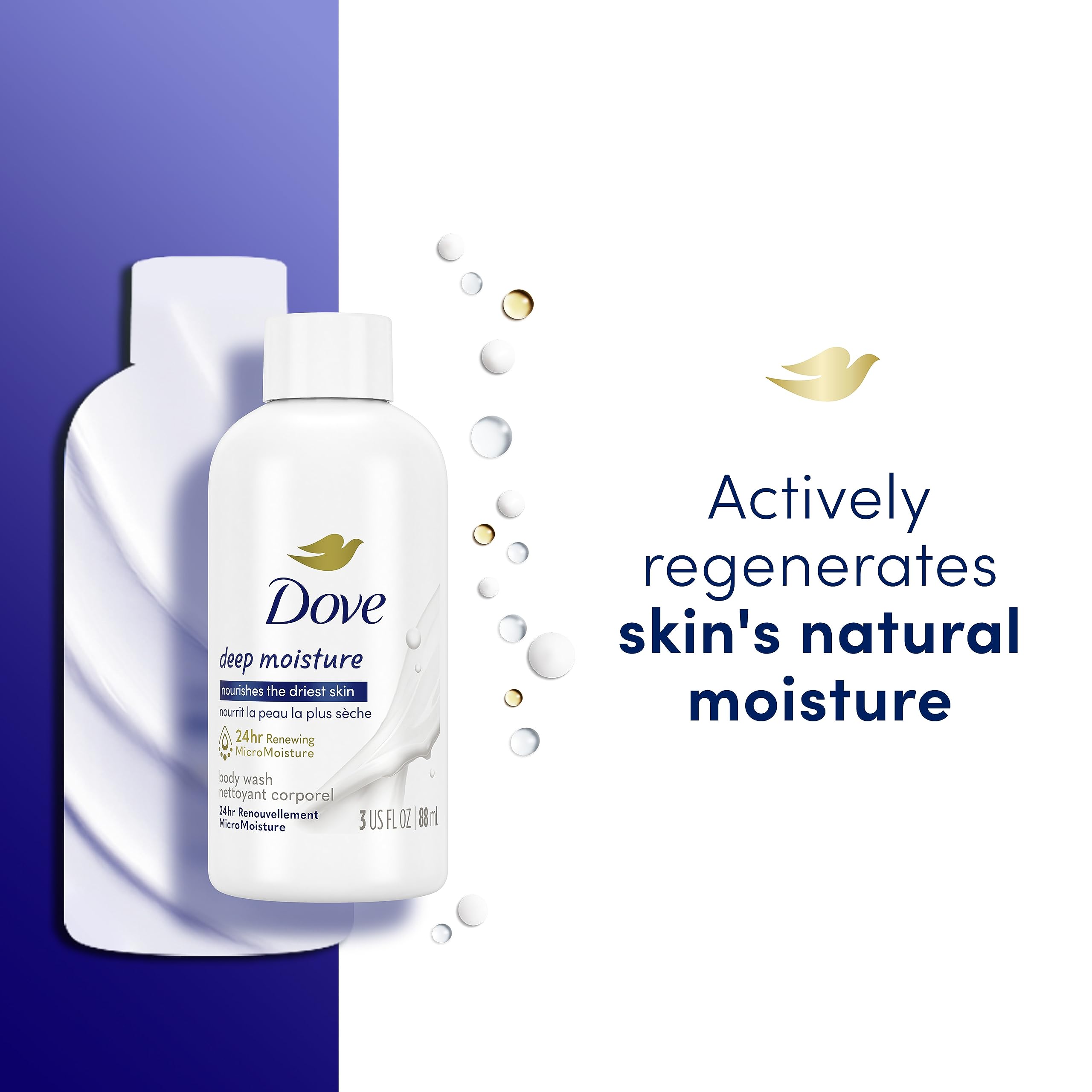 Dove Body Wash Deep Moisture for 24hr Lotion-Soft Skin Moisturizing Skin Cleanser with No Sulfates No Parabens 3 oz | Dove Deep Moisture Body Wash hydrates dry skin for 24 hours with a sulfate-free formula and MicroMoisture technology.