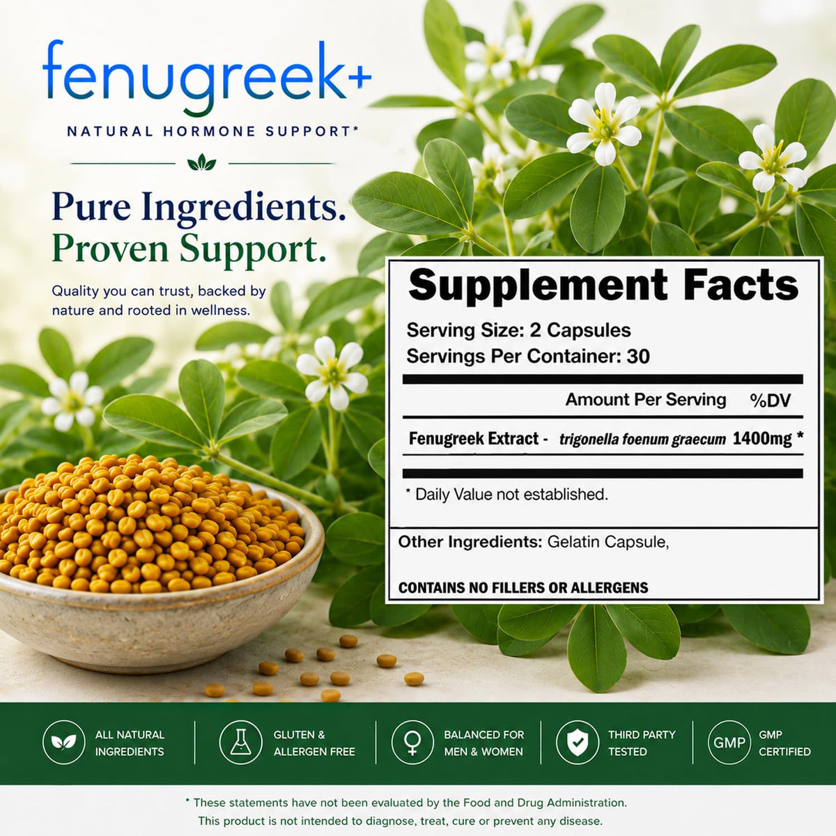 VH Nutrition Fenugreek+ 1400mg Capsules for Men & Women, 60 Count
