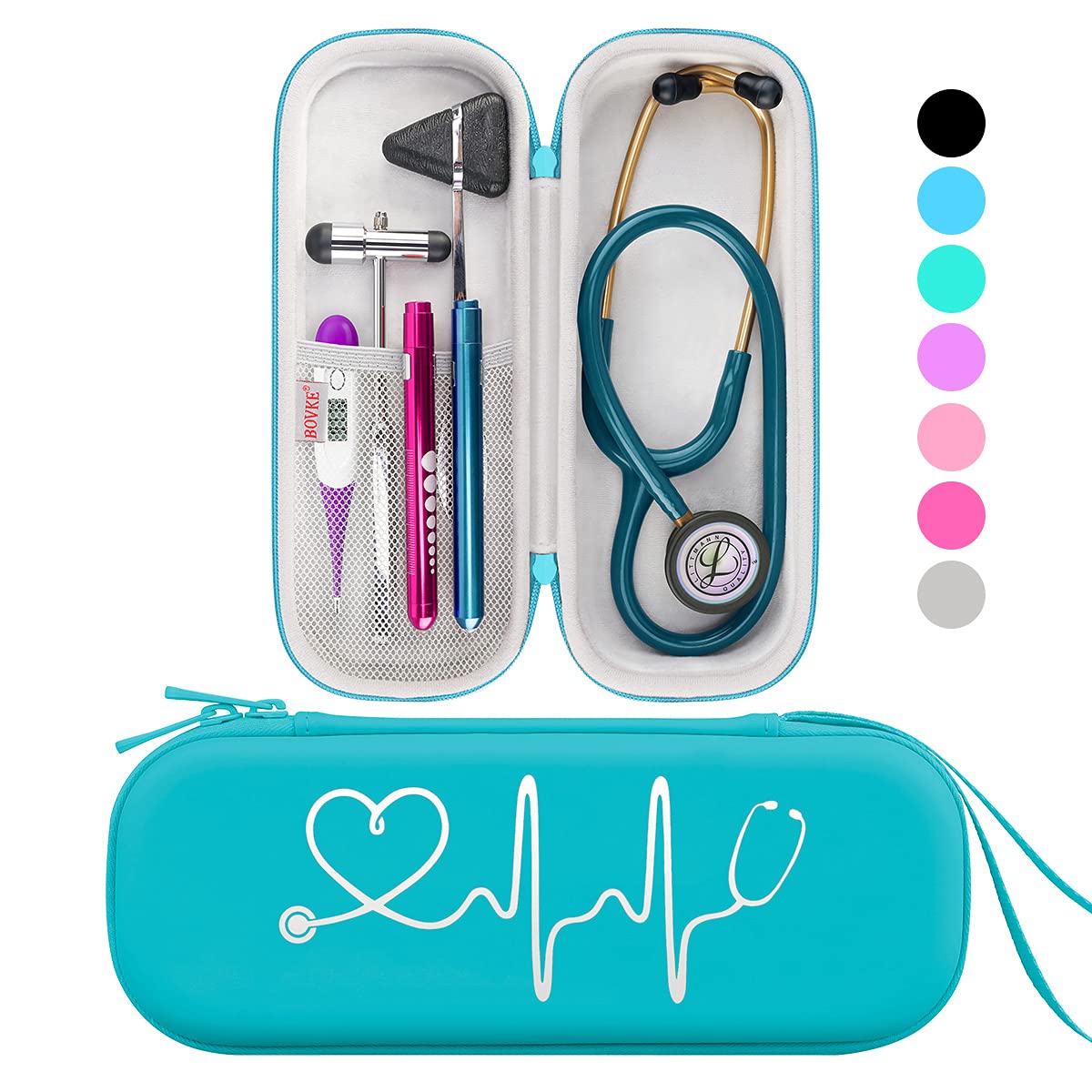 Buy now BOVKE Stethoscope Case for 3M Littmann Classic III, Lightweight II S.E, MDF Acoustica Deluxe Stethoscopes - Extra Room for Medical Bandage Scissors EMT Trauma Shear and LED Penlights, Black Pu Leather_Emerald at indiglob india