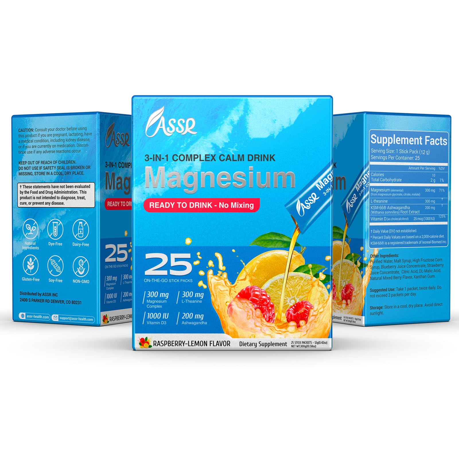 ASSR Supplement Ready to Drink No Mix, Triple Magnesium Glycinate, Malate, Citrate, Ashwagandha, L Theanine, Vitamin D, 25ct