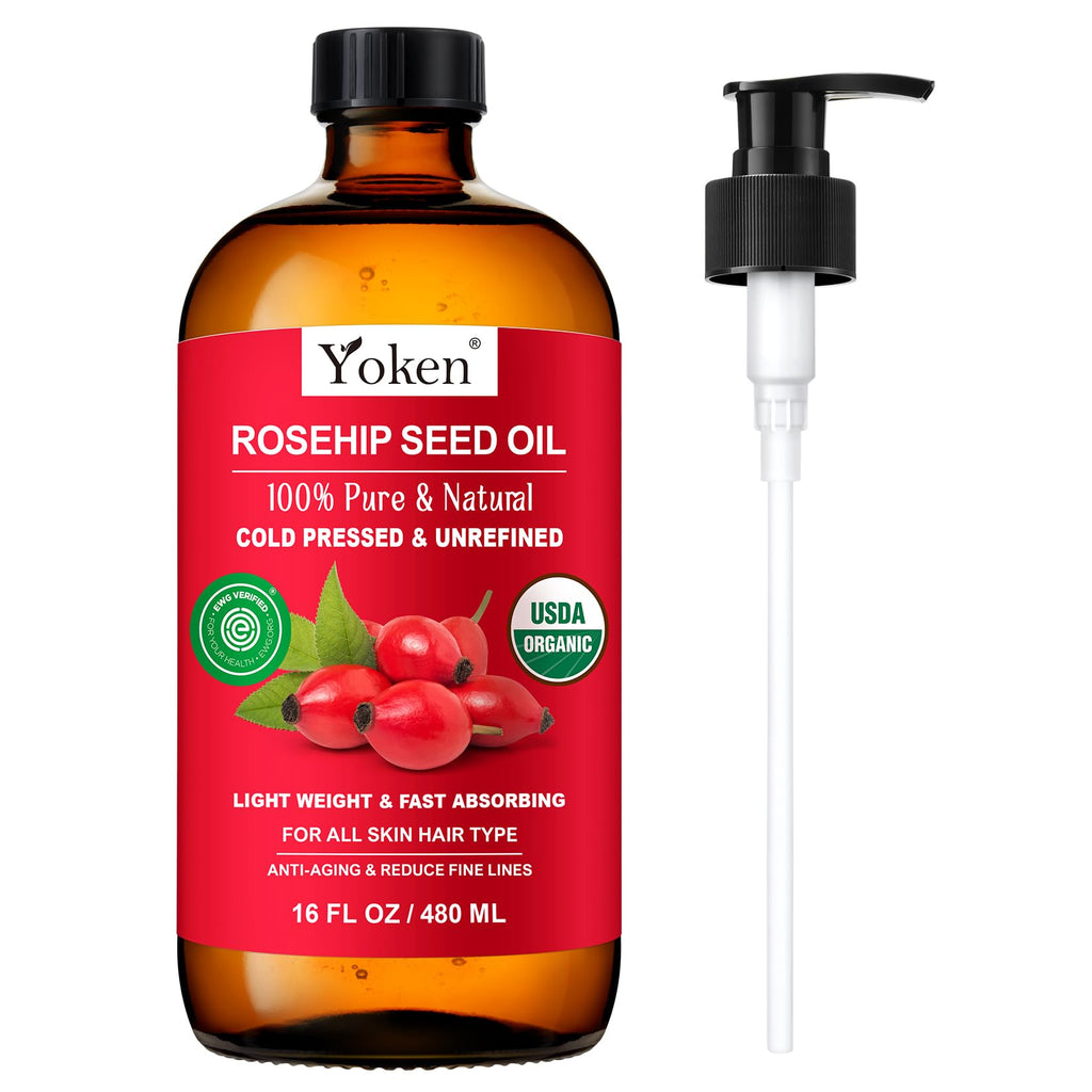 Yoken Cold Pressed Organic Rosehip Seed Oil for Face, Hair & Body, 4 fl oz | Rosehip Oil for Face Hair Body and Nails Rich in Essential Fatty Acids Lightweight Moisturizing Carrier Oil