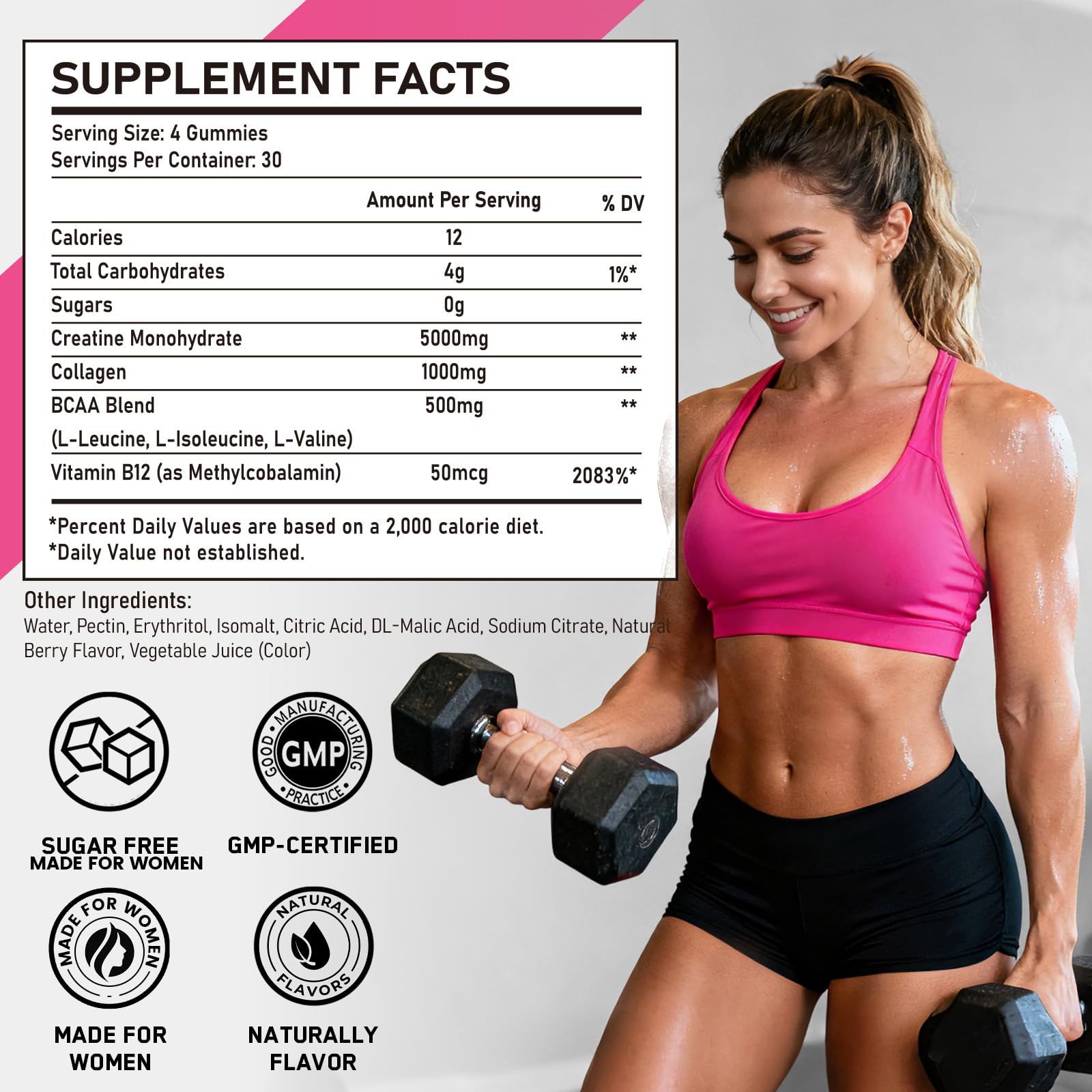 Creatine for Women, 5000mg Complex with Collagen & BCAAs, Vitamin B12 | 120 Ct Sugar-Free Creatine Gummies for Women, Creatine Monohydrate Supplements Pre-Workout Chewbles, Creatina Para Mujeres