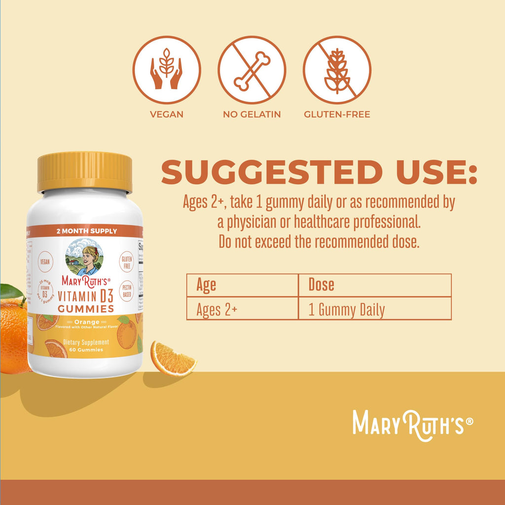 MARYRUTH'S Vitamin D3 Gummies, Adults & Kids Vitamin D, 60 Servings, Vegan | 2 Month Supply, Immune Support Supplement, 1000IU for Bone Health & Muscle Function, Vegan, Non-GMO, Gluten Free, 60 Count