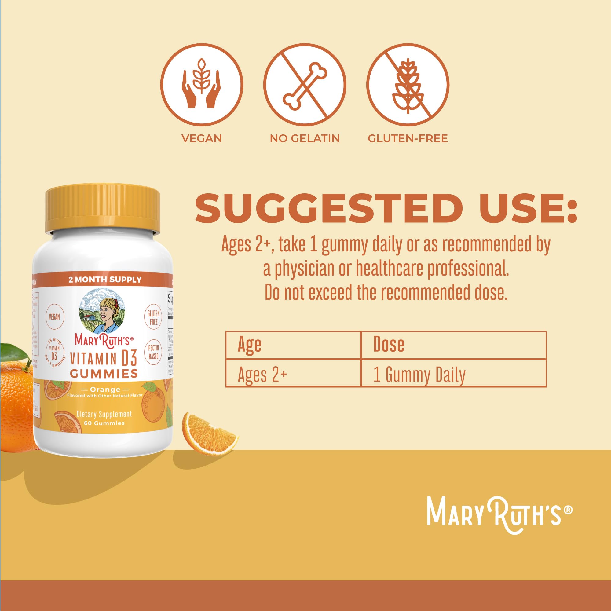 MARYRUTH'S Vitamin D3 Gummies, Adults & Kids Vitamin D, 60 Servings, Vegan | 2 Month Supply, Immune Support Supplement, 1000IU for Bone Health & Muscle Function, Vegan, Non-GMO, Gluten Free, 60 Count
