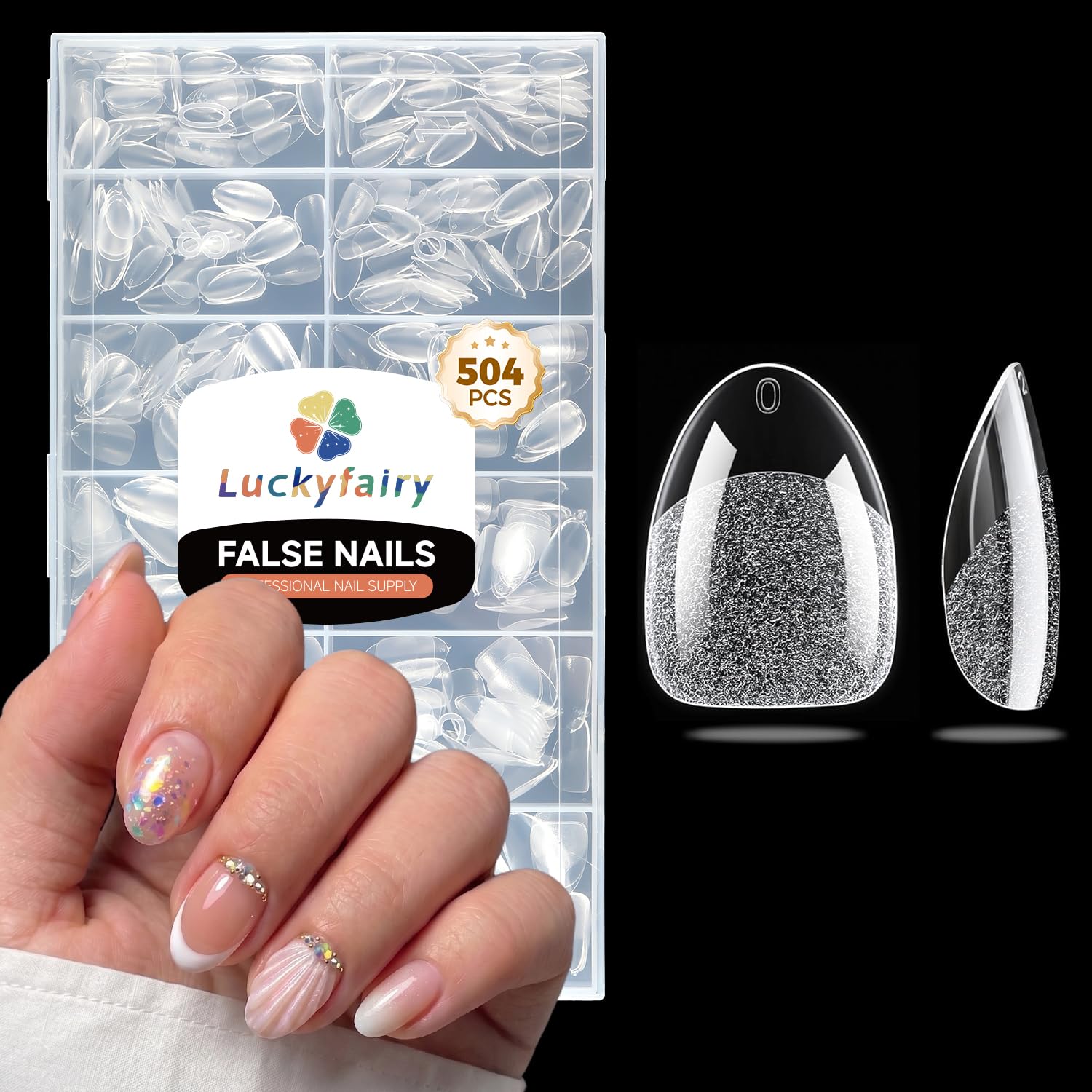 Luckyfairy Extra Short Almond Nail Tips 504pcs Soft Gel Short Nails 12 Size | Pre-Shaped Clear Press On Almond Nails, Half Matte Full Cover Short Nail Tips Acrylic, Natural Almond Shape, Nail Art DIY