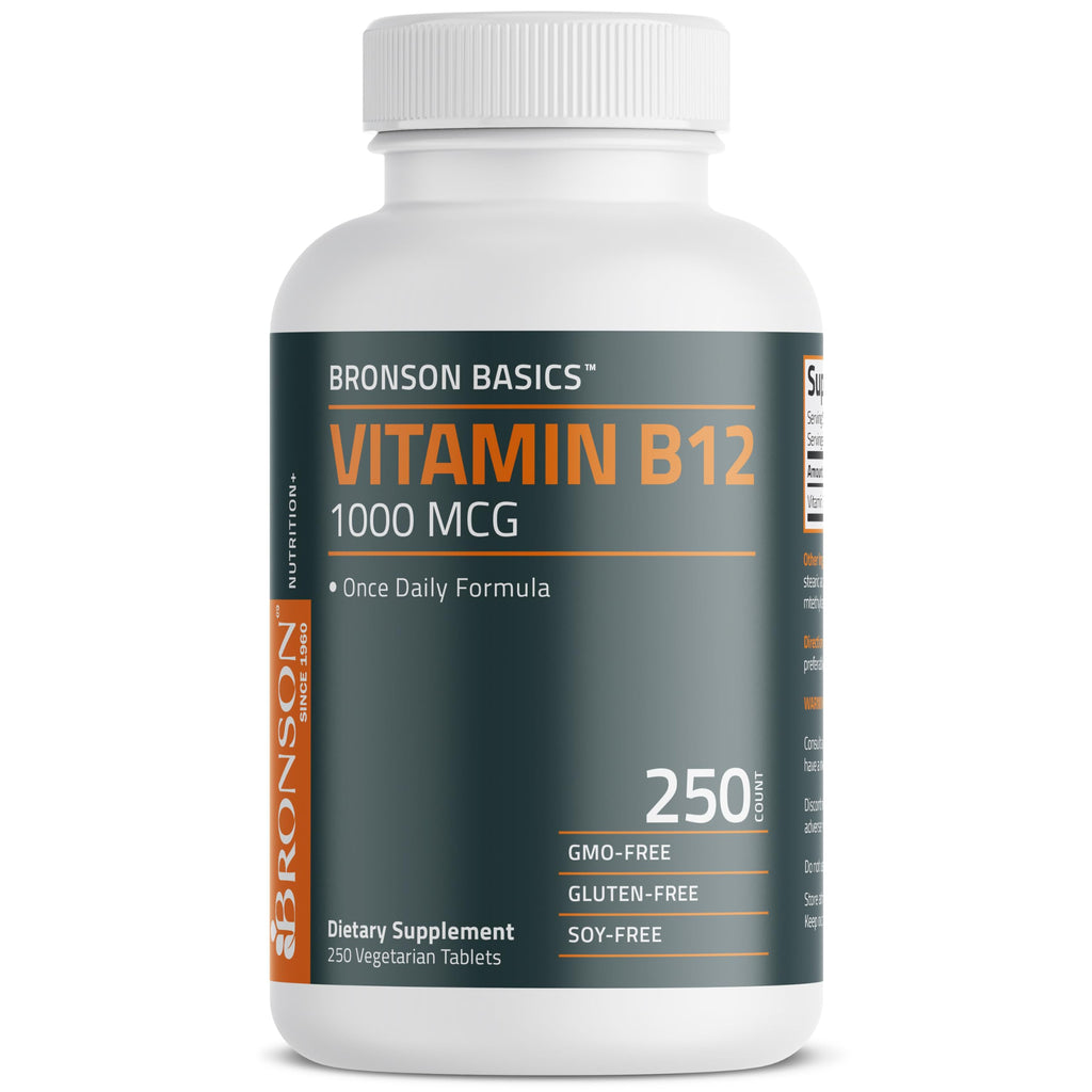 Bronson Vitamin B12 1000 mcg Once-Daily Formula, 250 Vegetarian Tablets | Energy Support, B12 as Cyanocobalamin, Daily Maintenance, 250-Day Supply, Vegan, Non-GMO, Gluten-Free & Soy-Free