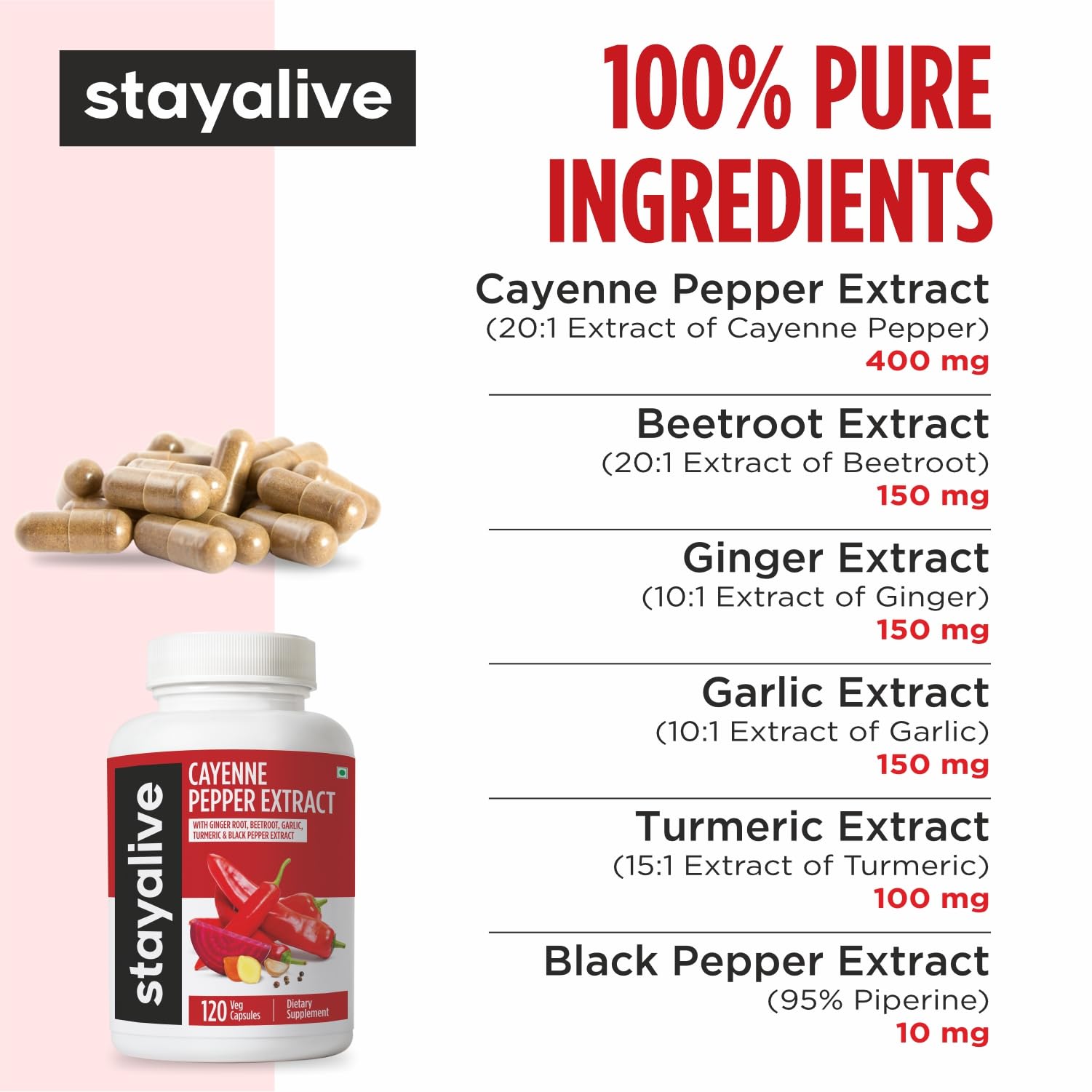Cayenne Pepper Capsules, 6-in-1 Capsicum Blend w/Ginger, Garlic, Turmeric, Beet Root, and Black Pepper Extract, 120 Cayenne Capsules, Non-GMO & Gluten-Free Capsimax Capsaicin Supplement