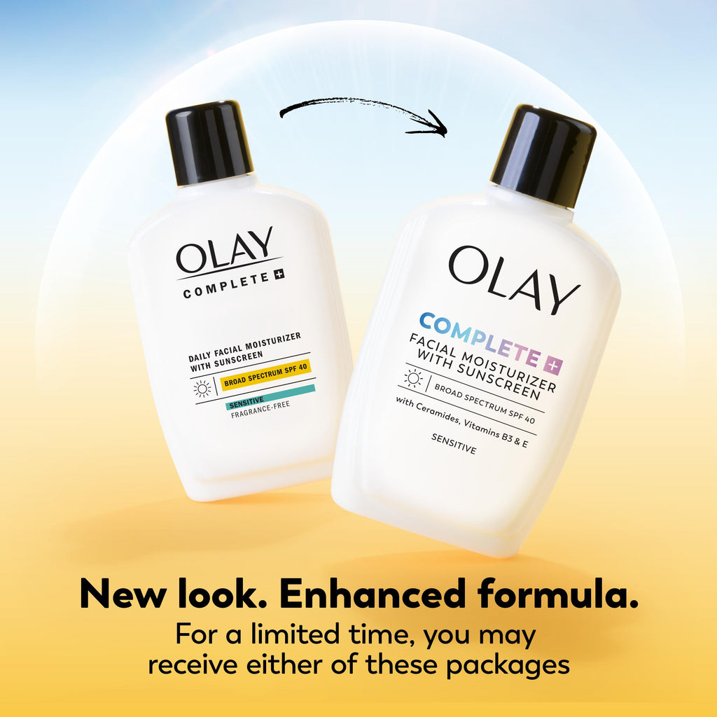 Olay Complete+ Face Moisturizer with Sunscreen SPF 40, For Sensitive Skin, Broad Spectrum Sun Protection, Fragrence-Free - No White Cast on All Tones, Nourishes Moisture Barrier - Ceramides, 6 Oz