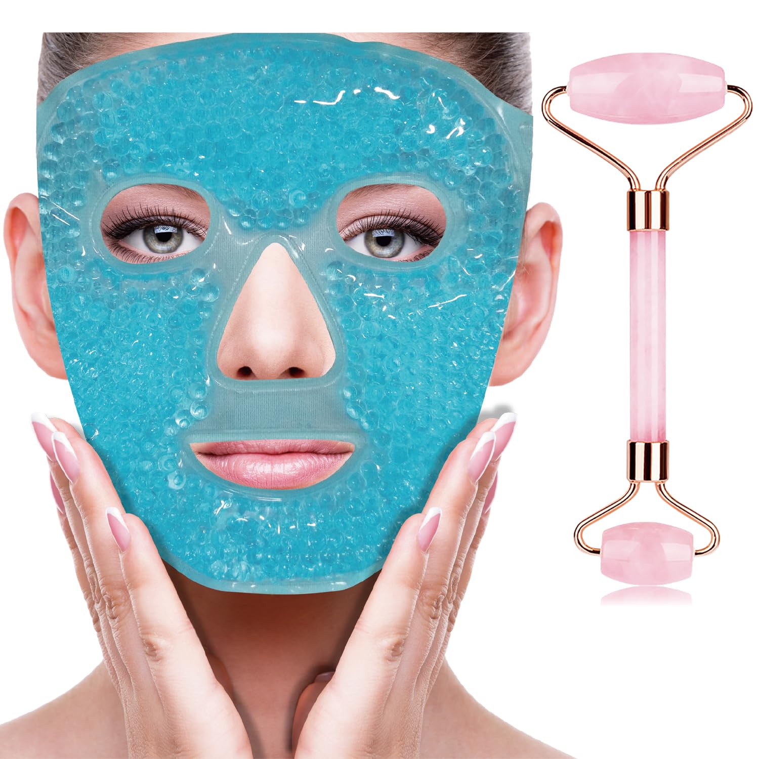 Buy now Cold Face Eye Mask Ice Pack Reduce Facial Puff, Dark Circles, Gel Hot Heat Cold Compress Pack, Face SPA Gift for Woman Sleeping, Pressure, Headaches, Skin Care, Post Laser Cosmetic Care[Blue] Blue(Face Mask+Jade Roller) at indiglob india