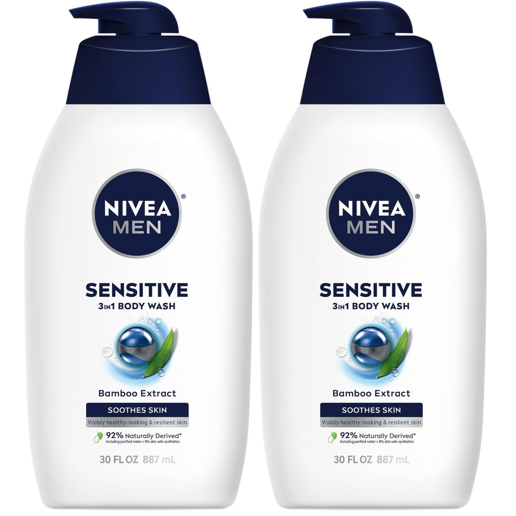 Nivea Men Sensitive Body Wash with Bamboo Extract, Moisturizing Body Wash for Sensitive Skin, Soap Free Shower Gel for Men with No Drying Alcohol, 30 Fl Oz Bottle (Pack of 2)