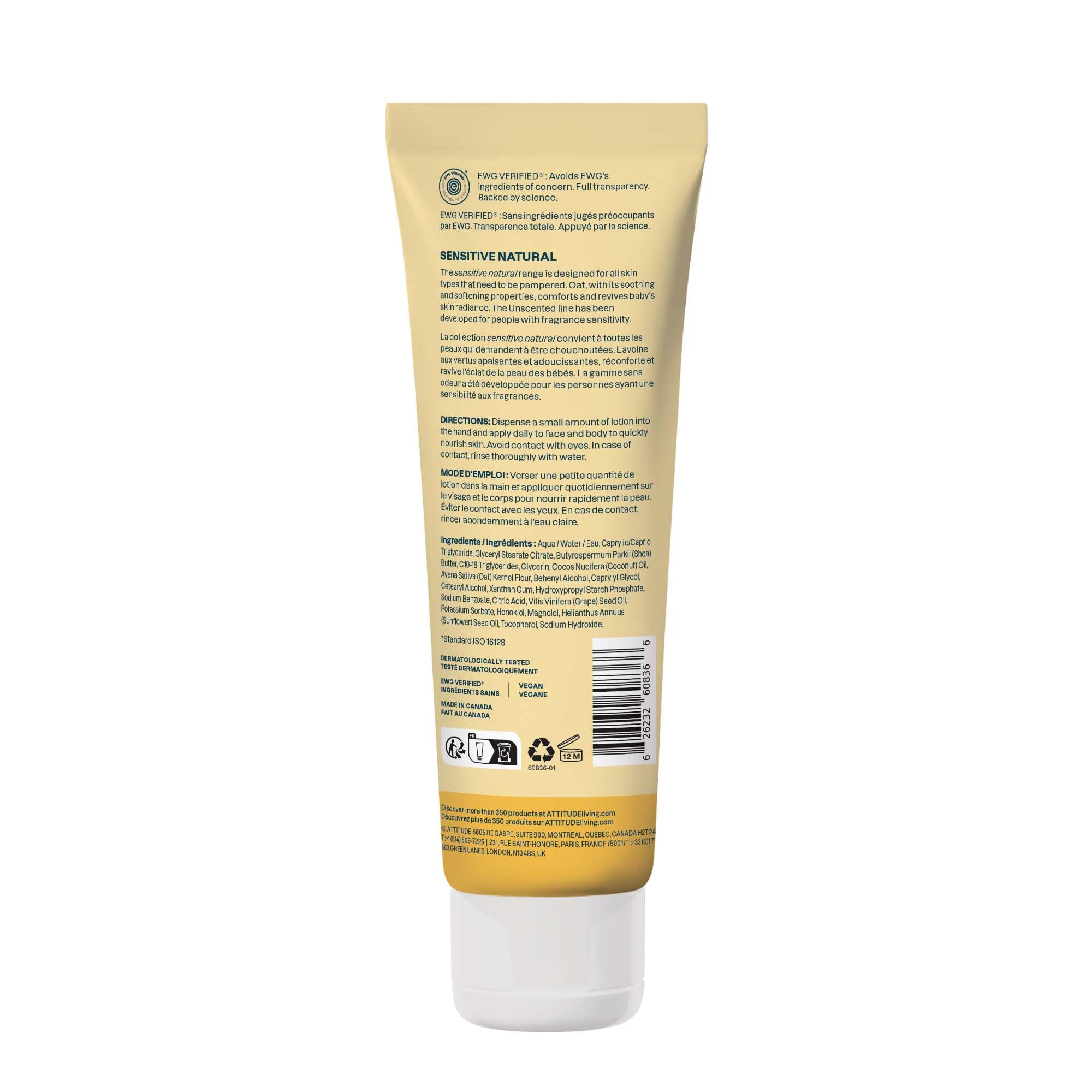 ATTITUDE Baby Lotion for Sensitive Skin with Oat, EWG Verified, Plant and Mineral-Based Ingredients, Vegan Personal Care Products, Unscented, 8 Fl Oz