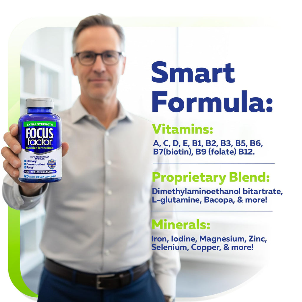 Focus Factor Adults Extra Strength, 120 Count - Brain Supplement for Memory, Concentration and Focus - Complete Multivitamin with DMAE, Vitamin D, DHA - Trusted Health Vitamins