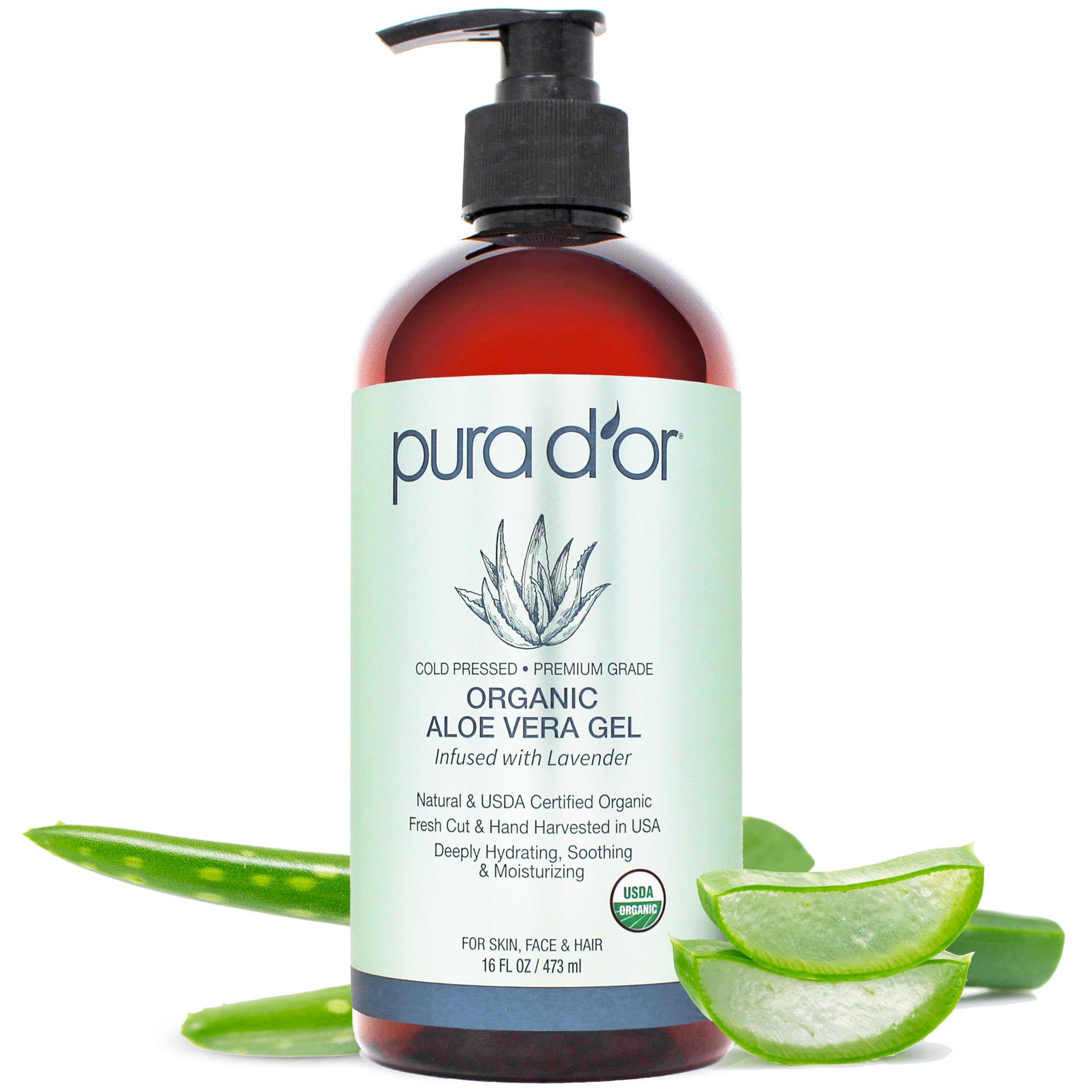 PURA D'OR ORGANIC Aloe Vera Gel Soothing Moisturizer, Lavender, 16oz | Fast-Absorbing, After-Sun Care, USDA Certified, Hydrating, Non-Sticky, Zero Artificial Preservatives, Vegan, Face, Hair, Body