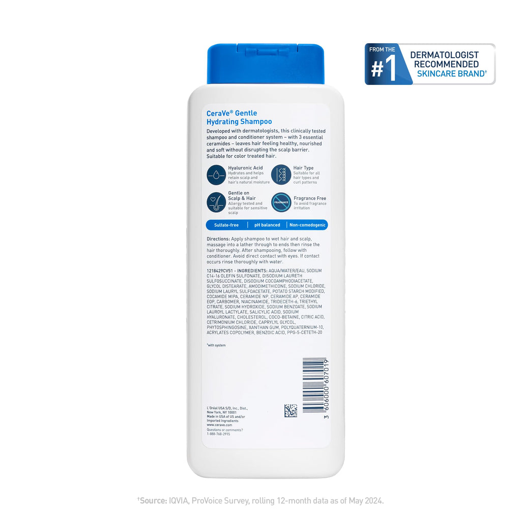 CeraVe Gentle Hydrating Shampoo with Hyaluronic Acid for Hair & Scalp, 12oz | Leaves Hair and Scalp Soft and Healthy-Looking with Ceramides, Niacinamide and A Color Safe Formula