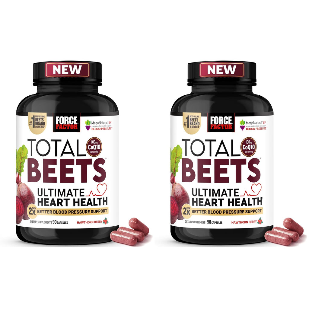 Force Factor Total Beets Ultimate Heart Health 1800mg Beet Root Capsules | Blood Pressure Support Supplement with CoQ10 for Nitric Oxide & Blood Flow with Grapeseed, Hawthorn Berry, 90 Capsules