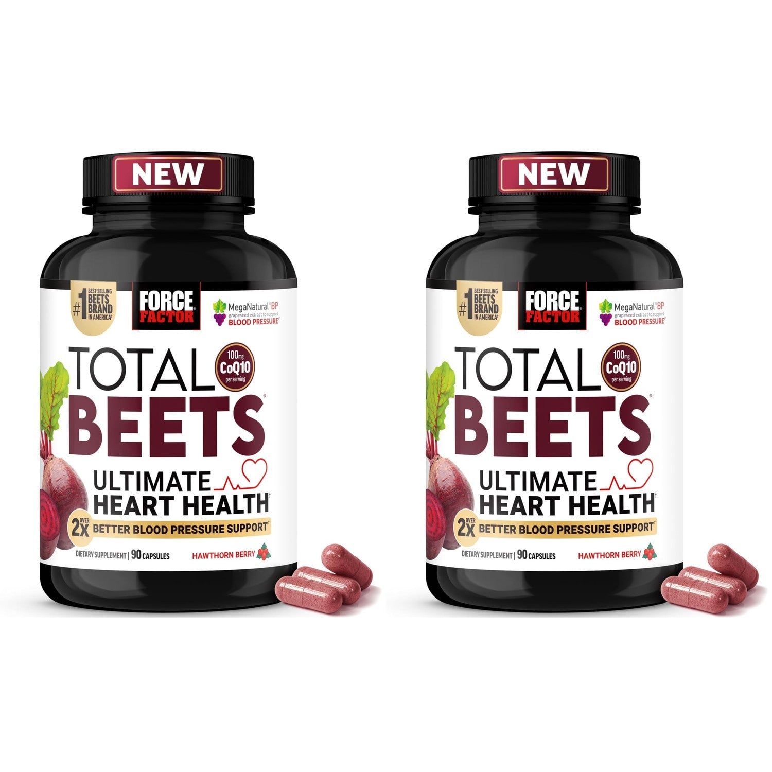 Force Factor Total Beets Ultimate Heart Health 1800mg Beet Root Capsules | Blood Pressure Support Supplement with CoQ10 for Nitric Oxide & Blood Flow with Grapeseed, Hawthorn Berry, 90 Capsules