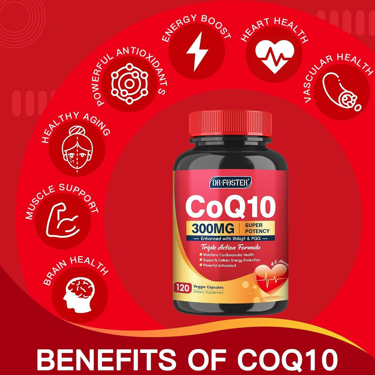 DRFOSTER CoQ10 300mg Supplements with PQQ & Shilajit, 120 Veggie Capsules