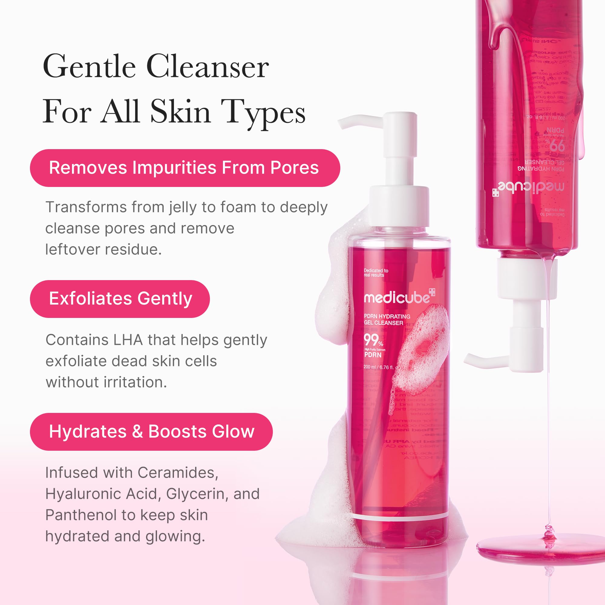 medicube PDRN Jelly to Foam Cleanser - Gentle Low pH Hydrating Cleanser | Hydrating Daily Face Wash with PDRN, Collagen & LHA - For All Skin Types, Korean Skincare, 200ml