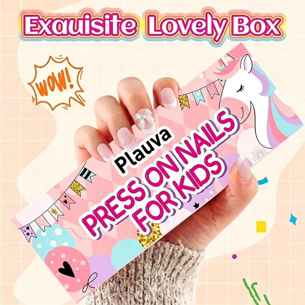 Plauva's 26-piece French tip press-on nails in a vibrant box, perfect for kids. 100% genuine and fun design.