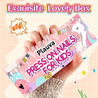 Plauva's 26-piece French tip press-on nails in a vibrant box, perfect for kids. 100% genuine and fun design.