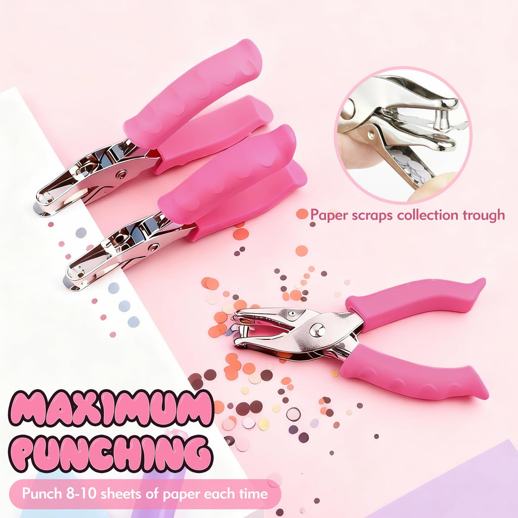 Single Hole Punch, 2 Pcs 1/4" and 1/8" Hole Puncher with Pink Soft Grip