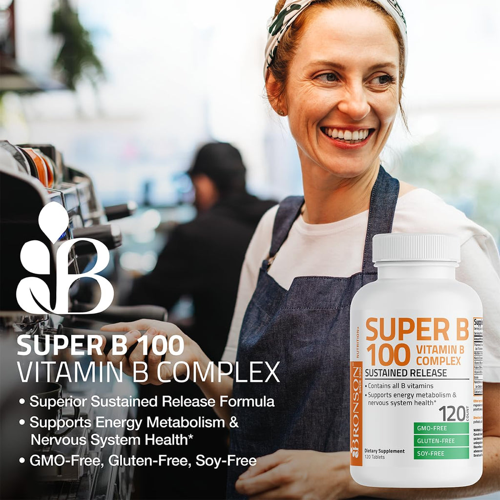 Bronson Super B100 Vitamin B Complex Sustained Release, 120 Tablets | B1, B2, B3, B6, Folic Acid, B12, Biotin & Pantothenic Acid, Energy & Nerve Support, Non-GMO, Gluten-Free & Soy-Free