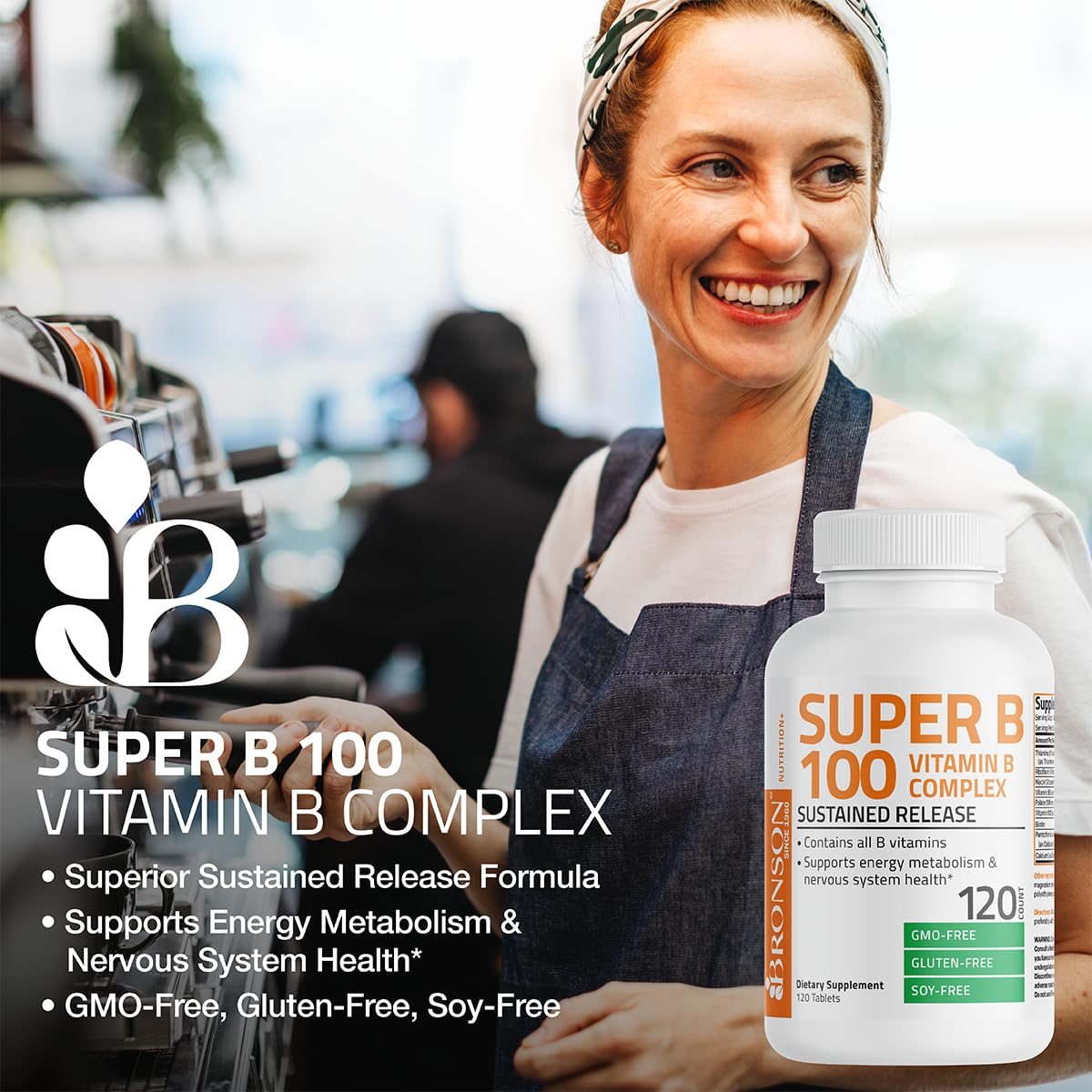 Bronson Super B100 Vitamin B Complex Sustained Release, 120 Tablets | B1, B2, B3, B6, Folic Acid, B12, Biotin & Pantothenic Acid, Energy & Nerve Support, Non-GMO, Gluten-Free & Soy-Free