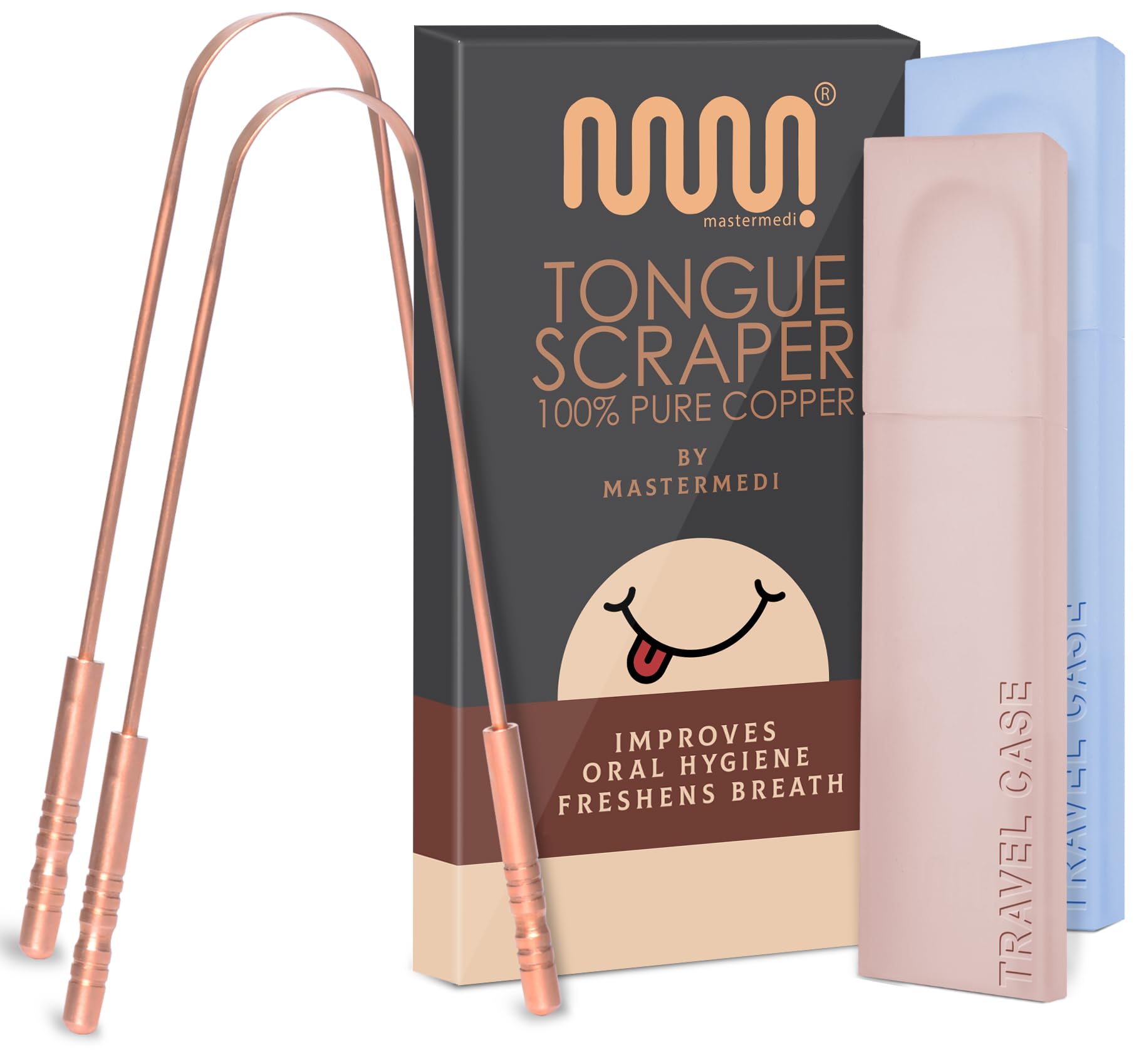 Buy now MasterMedi Tongue Scraper with Case Easy to Use Tongue Scraper for Adults, Tongue Cleaner for Oral Care & Hygiene (Single Pack (with Travel Case)) Copper Set of 2 (with Travel Case) at indiglob india