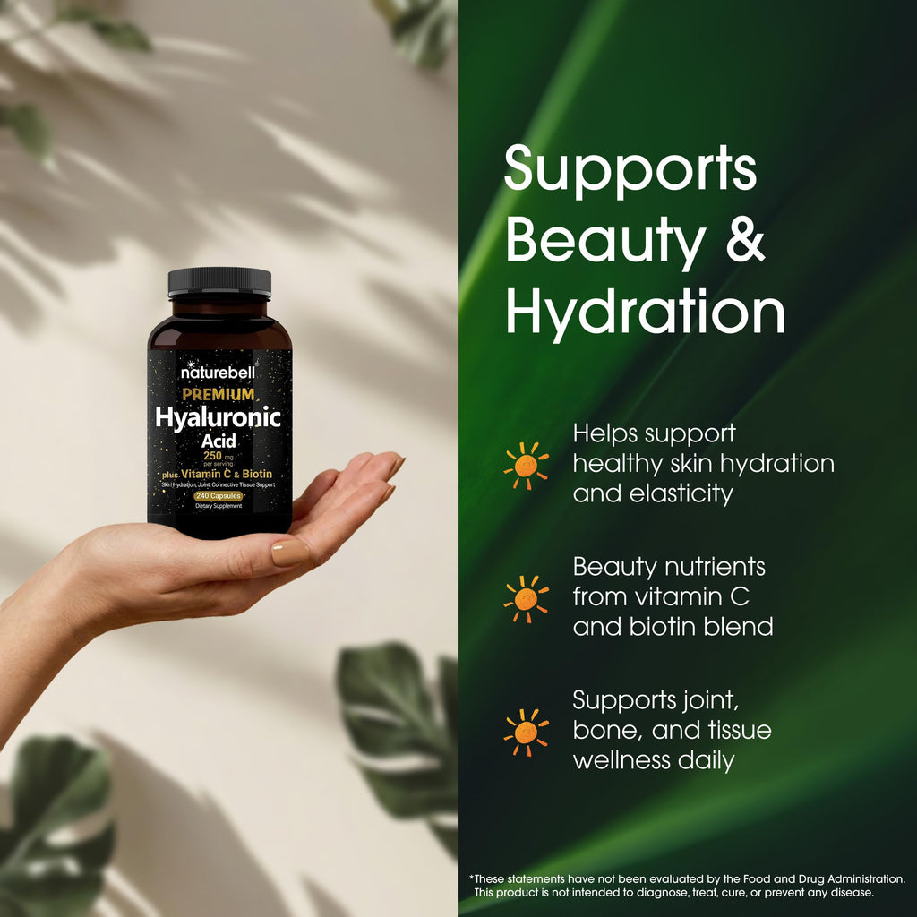 NatureBell Hyaluronic Acid 250mg - 240 Capsules - 250mg Hyaluronic Acid for Skin* - 5000mcg Biotin for Hair Growth* - 25 mg Vitamin C - Supports Bone, Eye & Joint Health*