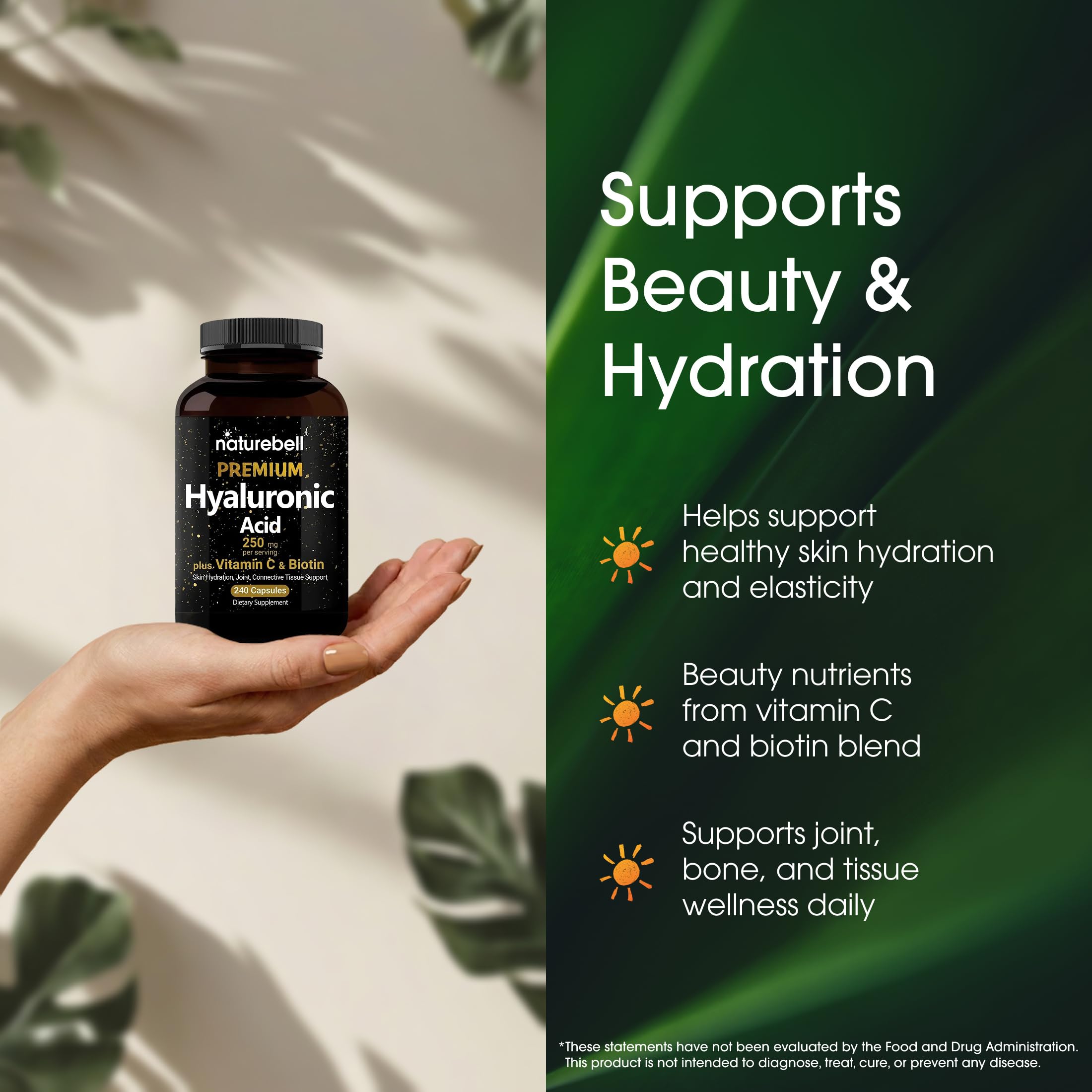 NatureBell Hyaluronic Acid 250mg - 240 Capsules - 250mg Hyaluronic Acid for Skin* - 5000mcg Biotin for Hair Growth* - 25 mg Vitamin C - Supports Bone, Eye & Joint Health*