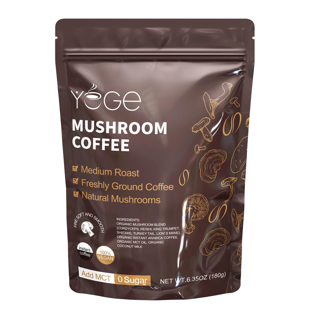 Mushroom Coffee, Instant Mushroom Coffee with Cordyceps, Reishi, King Trumpet, Shiitake, Turkey Tail, Lions Mane for Energy, Focus, Positive Mood & Immune Support (30 Servings)