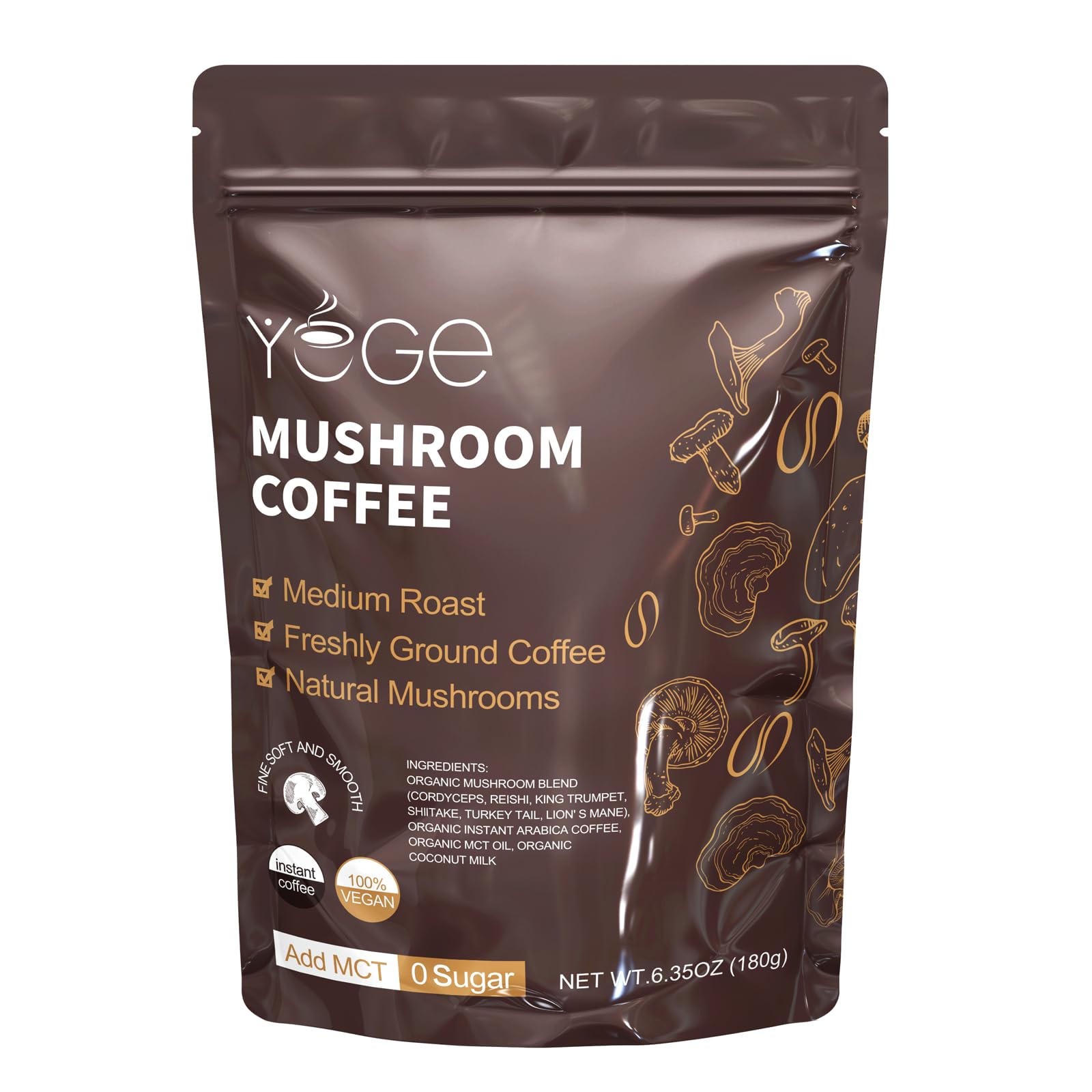 Mushroom Coffee, Instant Mushroom Coffee with Cordyceps, Reishi, King Trumpet, Shiitake, Turkey Tail, Lions Mane for Energy, Focus, Positive Mood & Immune Support (30 Servings)