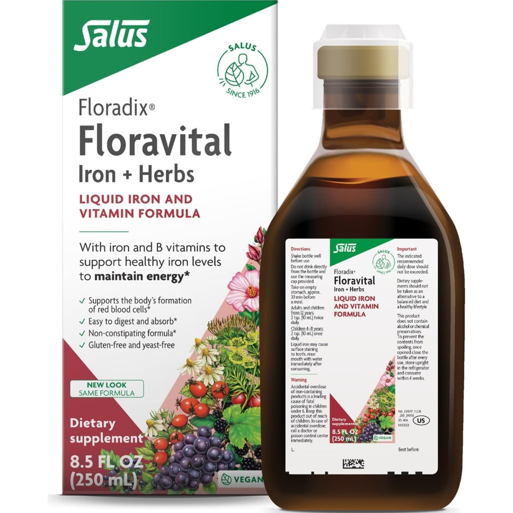 Floradix Floravital Liquid Iron Supplement, Vegan, Gluten-Free, 16.9 Fl Oz | Liquid Iron & Vitamin Formula with Ferrous Gluconate, Vitamin C, B Vitamins & Herbs for Energy Support*, Yeast-Free & Non-GMO