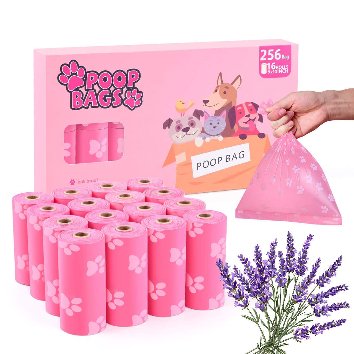 Poop Bags Rolls 256 Count - 9x13 Inches Pink Thickened Leakproof Lavender scent Poo Bags for Dogs, Pet Waste Bags for Walking, Home, Travel