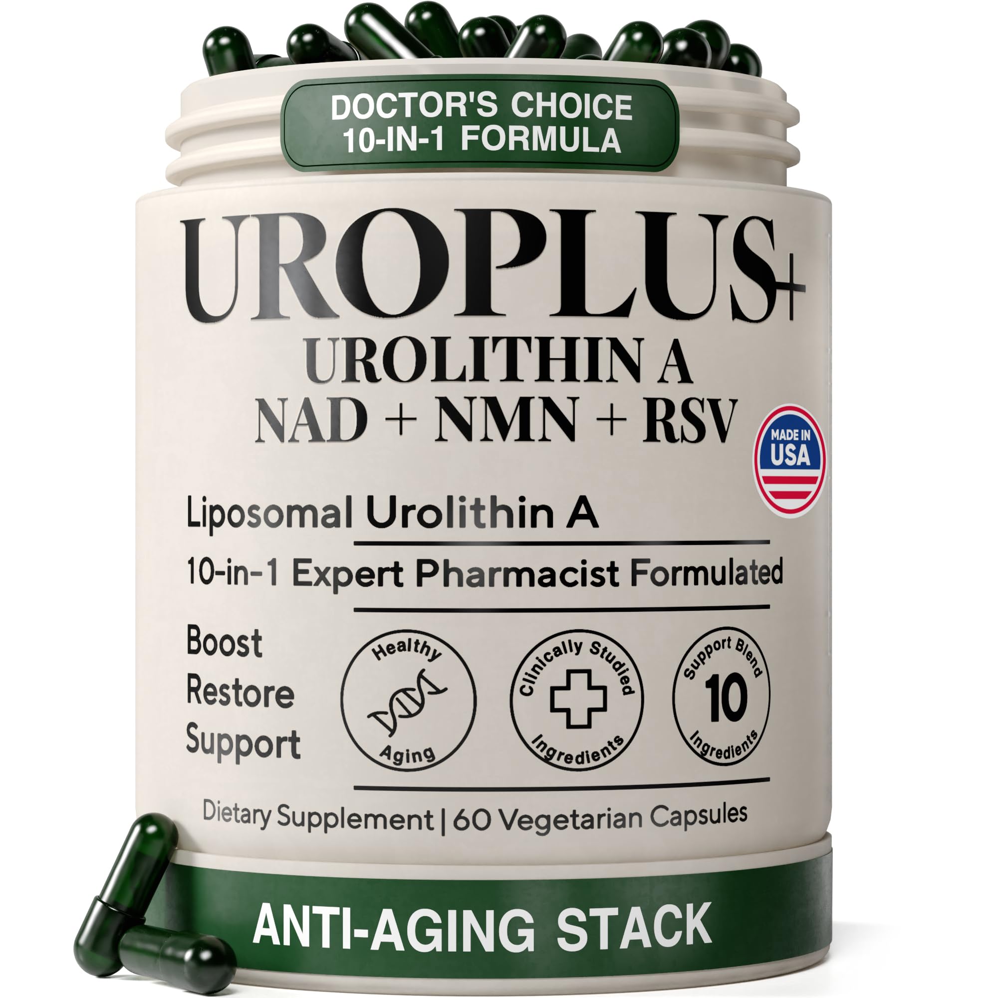 Liposomal Urolithin A Complex, 1250mg 10-in-1 with NAD+, NMD, & Resveratrol | Mitochondrial Energy, Cellular Health, Healthy Aging & Muscle Recovery Support