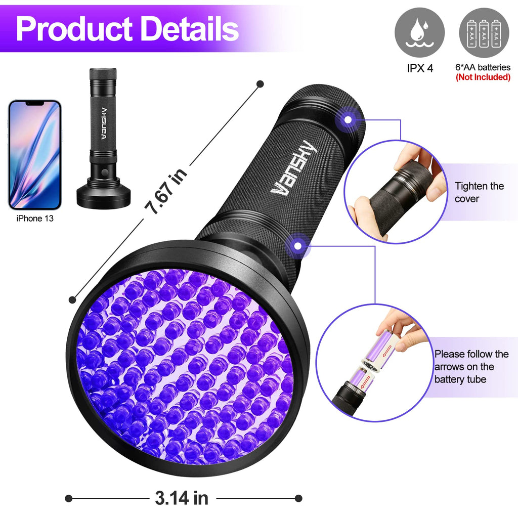 Vansky Black Light UV Flashlights, Ultra Bright 100 LED 395nm Ultraviolet Blacklight Detector for Dog Cat Pet Urine, Dry Stains and Bed Bug, Matching with Pet Odor Eliminator