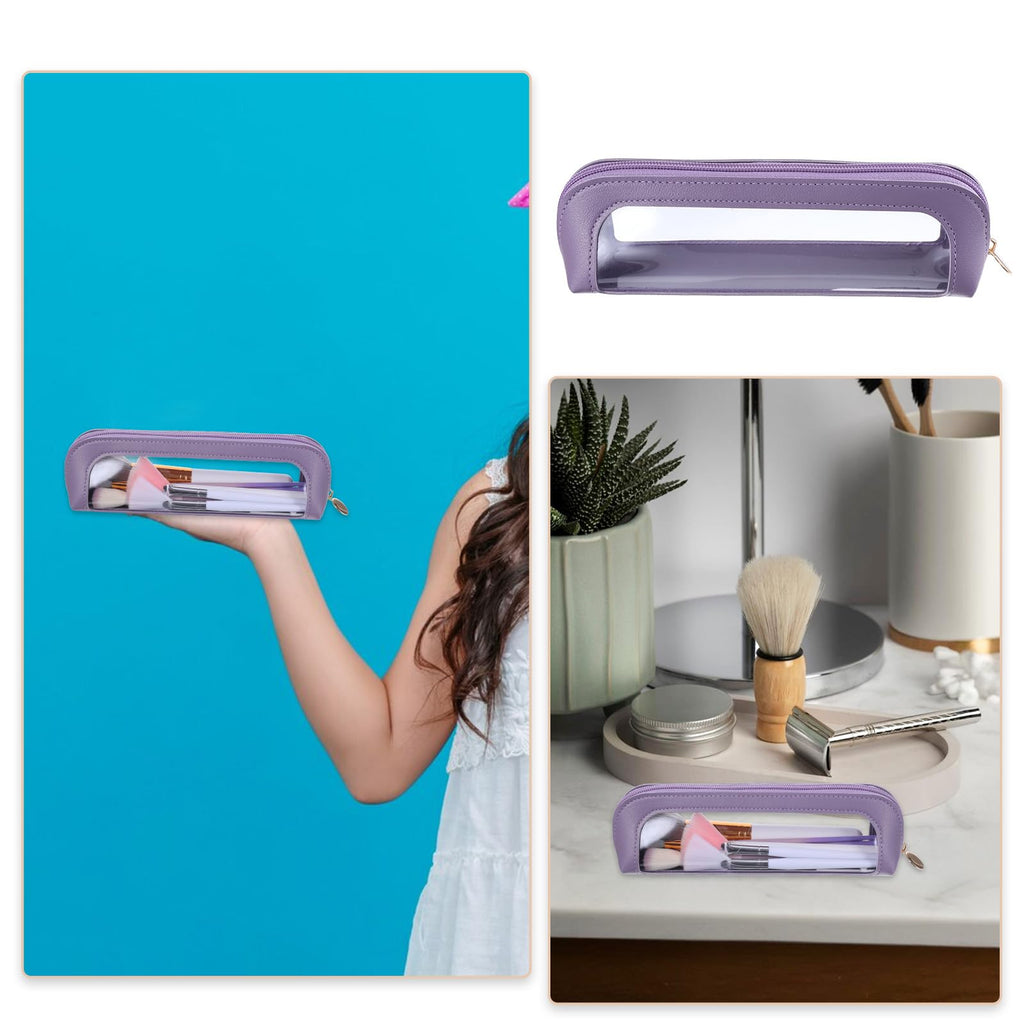 Small purple clear makeup bag showcasing beauty tools. Ideal for on-the-go organization. Verified by CuratCart for quality.