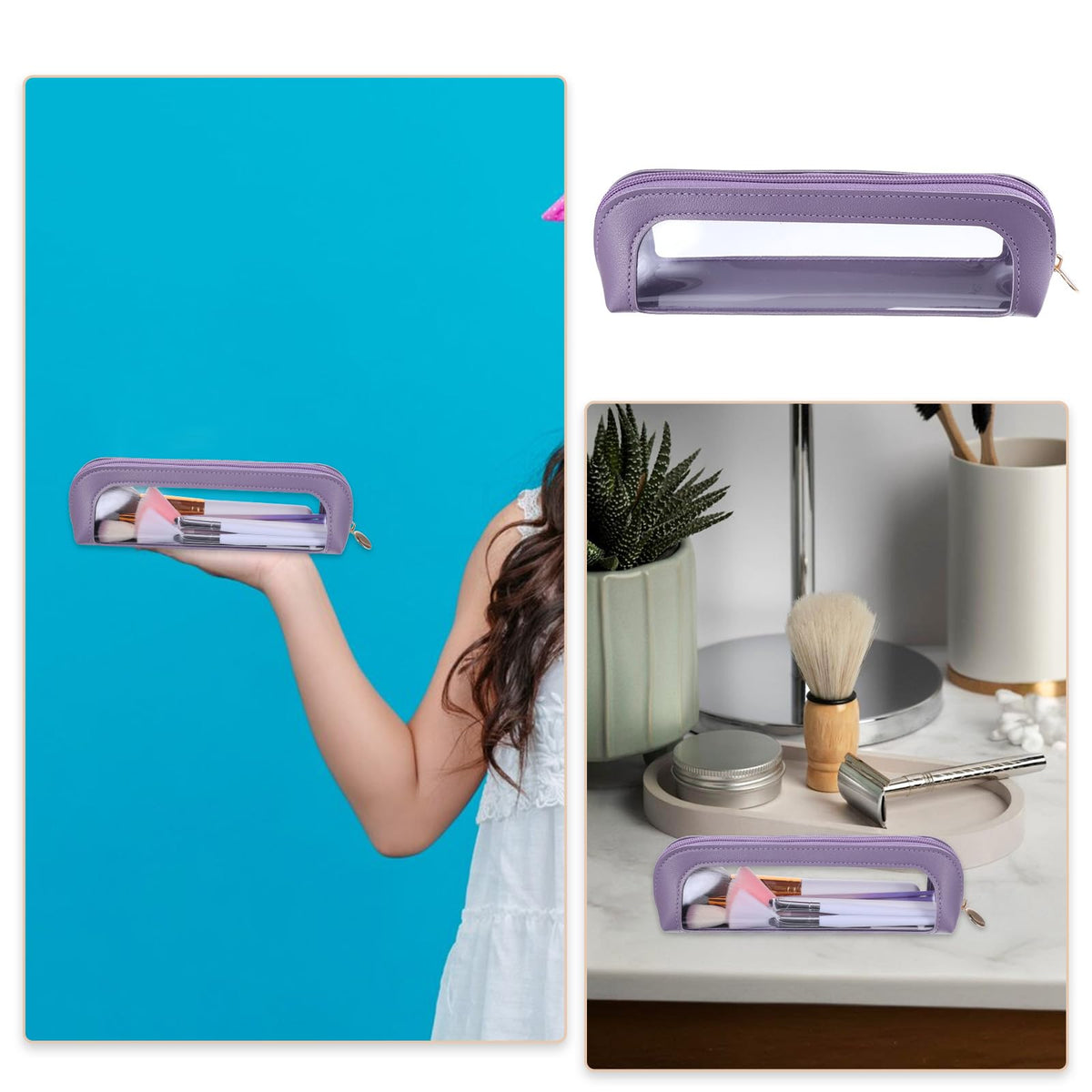 Small purple clear makeup bag showcasing beauty tools. Ideal for on-the-go organization. Verified by CuratCart for quality.